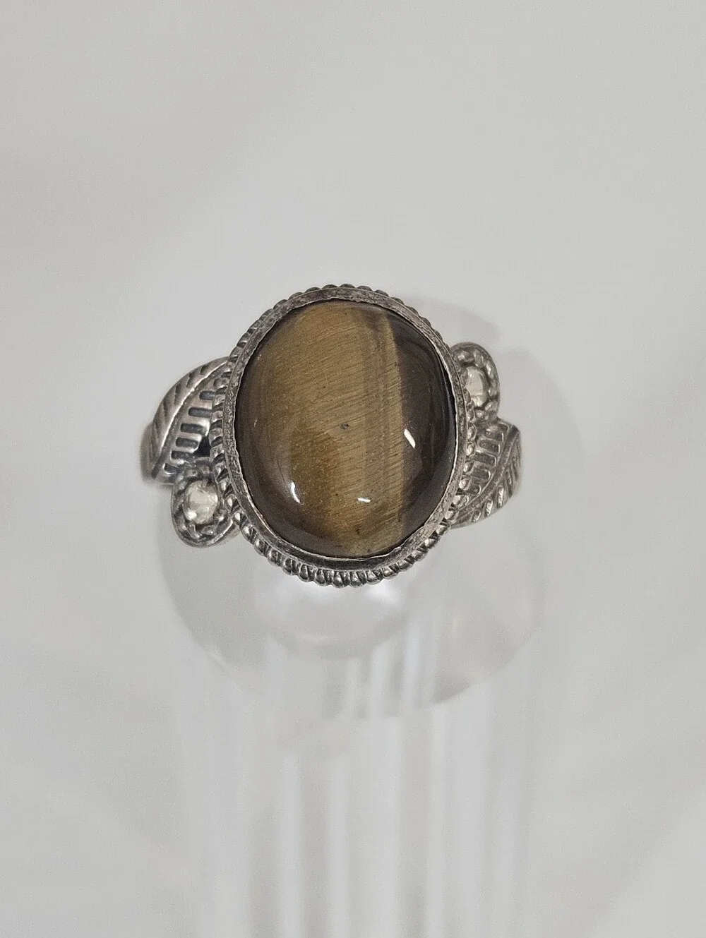 925 Tiger's Eye Gemstone Sterling Silver Leaf Detail Quartz Accent Ring Size 7